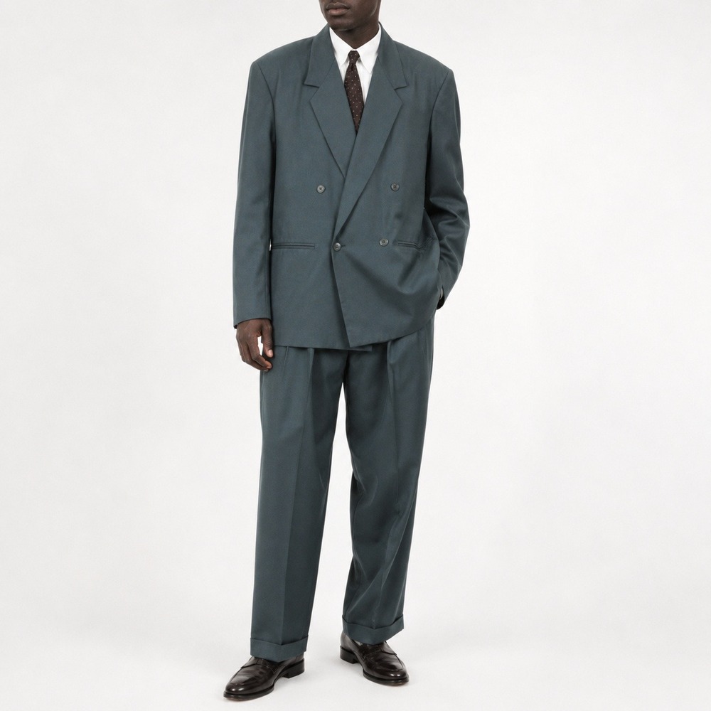 90s Vintage Double Breasted Suit Men 42R Cotton Sateen Teal Green Pleated Pants